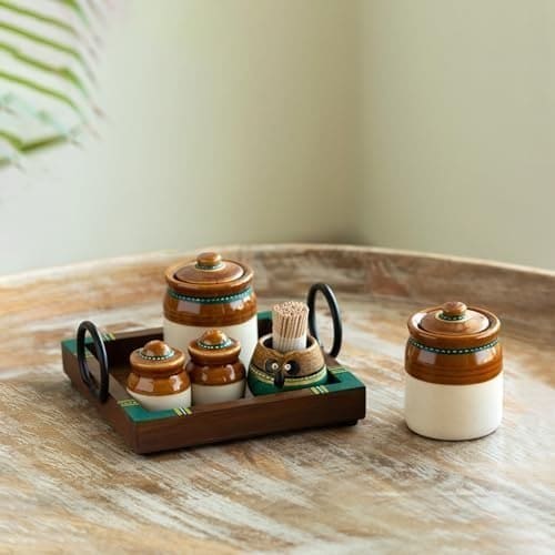 🛒 ExclusiveLane 'Old Martaban' Ceramic Pickle Jars for Dining Table with Salt & Pepper Shaker & Tray & Toothpick Holder (Non Air-Tight, Jars & Salt Pepper Shaker : 120 & 20 gram) | Jar for Pickle Jar