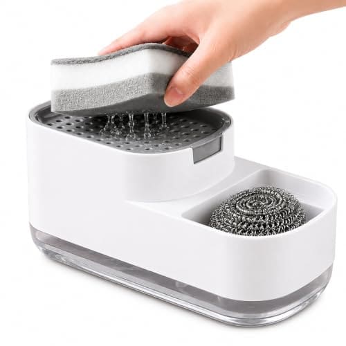 🛒 Zollyss 2-in-1 Kitchen Soap Dispenser with Sponge Holder | Press Type Liquid Dish Soap Pump Dispenser for Kitchen Sink | Drain Tray Countertop Organizer | Durable ABS Plastic, White