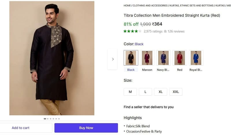 🔥  Men's Embroidered Straight Kurta @ ₹364