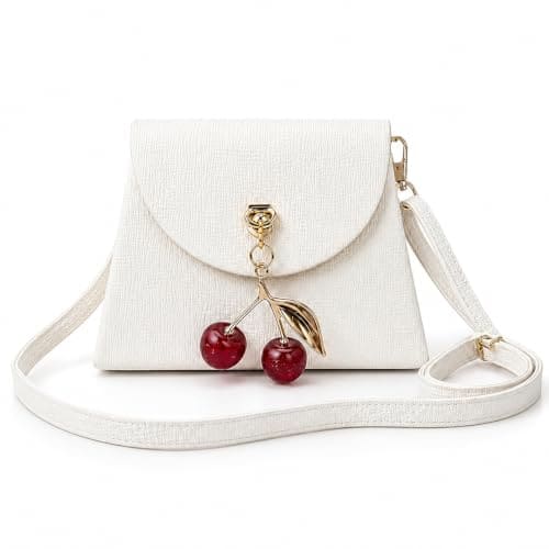 🛒 KBR® Women's Mini Crossbody Sling Bag, Textured PU Leather Shoulder Purse with Cherry Pendant Charm, Adjustable Strap, Magnetic Flap Closure, Compact Fashion Handbag for Girls & Women (Cream White)