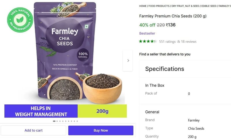 🔥  Farmley Premium Chia Seeds (200 g) @ ₹136