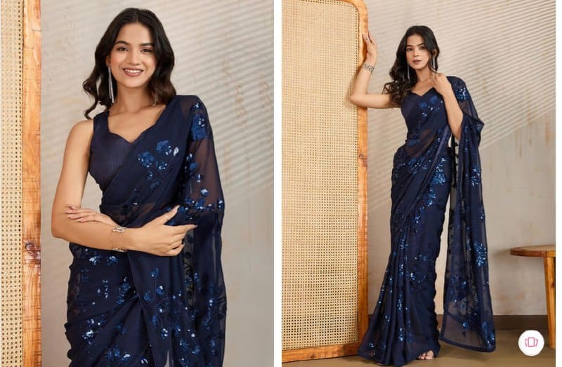 🔥 FashionsEye Floral Embroidered Sequinned Pure Georgette Saree ✨👗