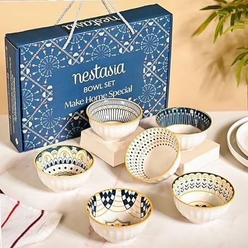 🛒 Nestasia Ceramic Bowl Set of 6 | Microwave & Dishwasher Safe Snack Bowls | Different Patterns with Textured Exterior | Ideal for Snacks, Soup, Rice, Dal, Curries, Sabji (280ml)