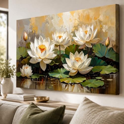 🛒 KunjCart White Lotus Wall Painting Big Size (FRAMED & UNFRAMED OPTIONS )– Artistic Lotus Painting for Wall Vastu Landscape, Lotus Flower Painting for Living Room, Bedroom & Home, Luxury Lotus Canvas Painting