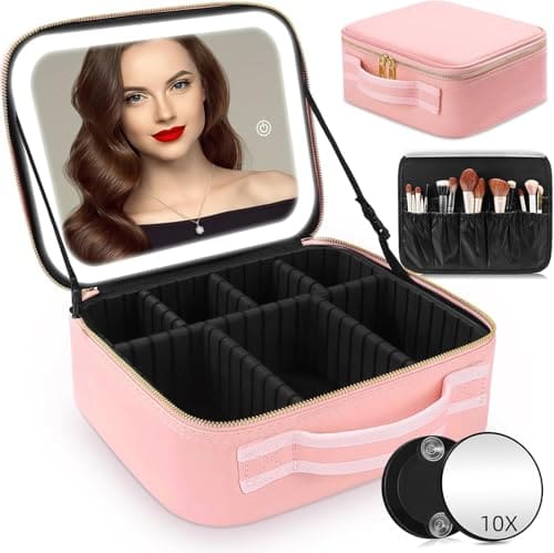 🛒 INOVERA (LABEL) Makeup Organizer Bag for Women, Girls & Bride - Travel Cosmetic Brushes Storage Kit with Removable 3 LED Lighting Mirror and Adjustable Compartments - Toiletry Vanity Box (Rose Gold)