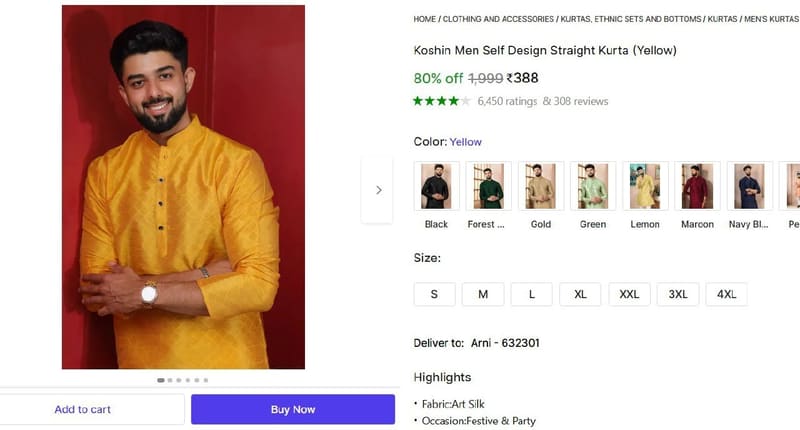 🔥  Men's Block Print Straight Kurta @ ₹388