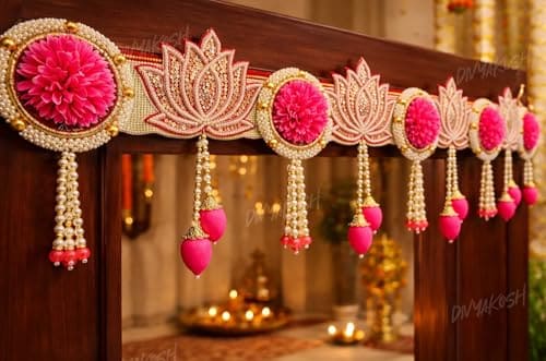 🛒 Divyakosh Decorative Toran Door Hanging Garland with Pink Floral & Lotus Design | Elegant Beaded Wall/Door Decor for Festivals, Weddings & Home Decoration | 38 Inches