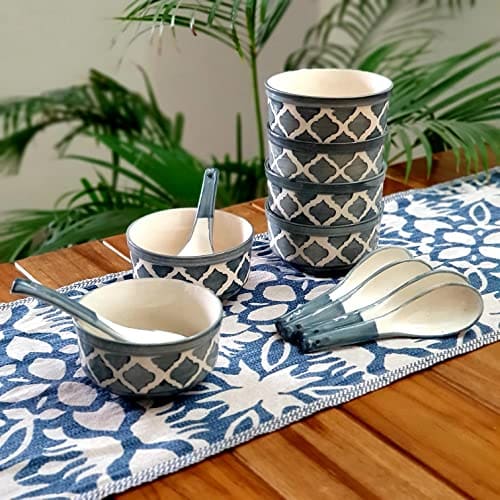 🛒 BACKKSPACE RETAIL Ceramic Soup Bowls Set of 6 with Matching Spoons | Elegant Bowls for Soup, Curry, Maggi, Desserts | Microwave & Dishwasher Safe | Perfect for Home and Restaurant- Grey 300ml Each