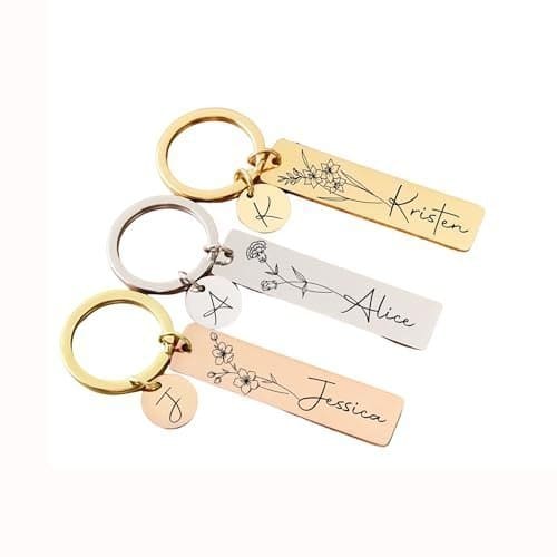 🛒 Adornkeys Personalized Birth Flower Keychain with Custom Name Bar, Engraved Heart Initial Charm for Women Girls, Stainless Steel Floral Key Ring Jewelry Gift for Mom Best Friend Sister, 4 Colors