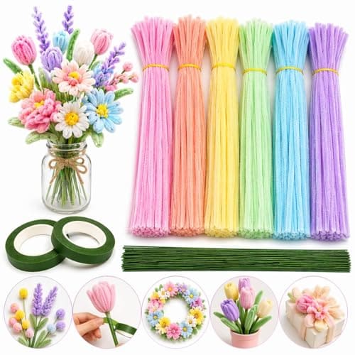 🛒 Pipe Cleaners for Craft Flower Making,Fuzzy Chenille Stems and Fluffy Sticks with Floral Tape and Wire, for Kids Arts and Crafts|Pastel colors (pipe cleaners-100/stem wire-15/green tape-1)