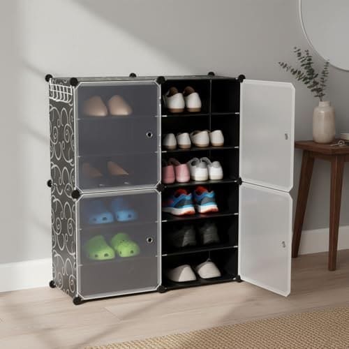 🛒 amazon basics Plastic Shoe Rack | 4-Door | 85 × 32 × 95 cm | Black | PP + Iron | Stackable, Dustproof, Foldable & Easy Assembly