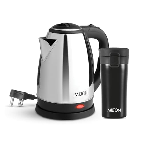 🛒 MILTON Go Electro 1.5L Fast Boil Kettle 1350W with 3x Safety Protection + 350ml Double Wall Vacuum Insulated Coffee Mug with Strainer, Stainless Steel Hot & Cold Combo for Home, Office, Travel,Gifting