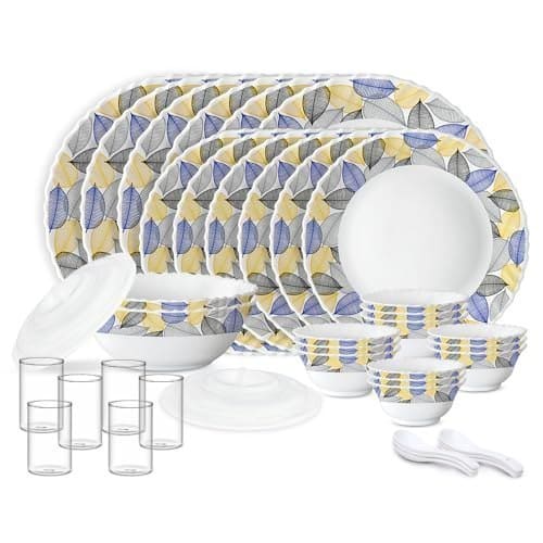 🛒 Larah by Borosil Silk Series Kora Opalware Dinner Set with Vision Glass | 40 pcs for Family of 6 | Microwave & Dishwasher Safe | Plates & Bowls | Crockery for Dining & Gifting | Leaf Pattern