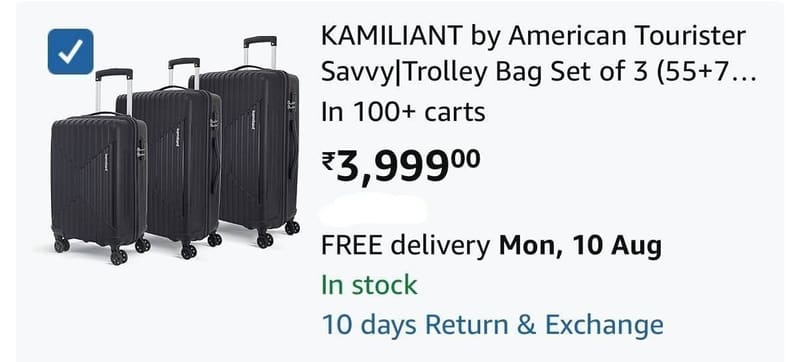 American Tourister 8-Wheel Spinner Luggage, Set of 3 at ₹3999.