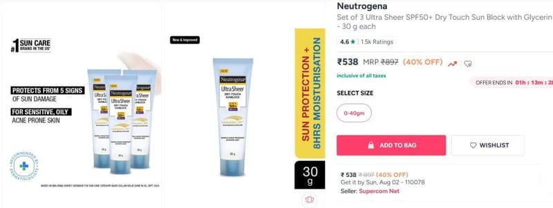 Myntra | Neutrogena Set of 3 Ultra Sheer SPF50+ Dry Touch Sun Block with Glycerin - 30 g each @538