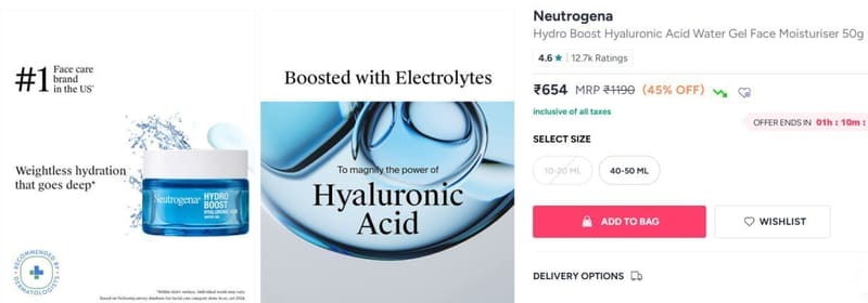 Myntra | Neutrogena Hydro Boost Hyaluronic Acid Water Gel Face Moisturiser 50g @654
