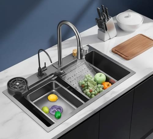 🛒 LUXART Waterfall Anti-Scratch Multifunctional Kitchen Sink - 30x18x9 Inch Honeycomb Design Multifunction Sink With Pull Down Faucet, Cup washer & Drain Baskets | Stainless Steel Modern Kitchen Sink