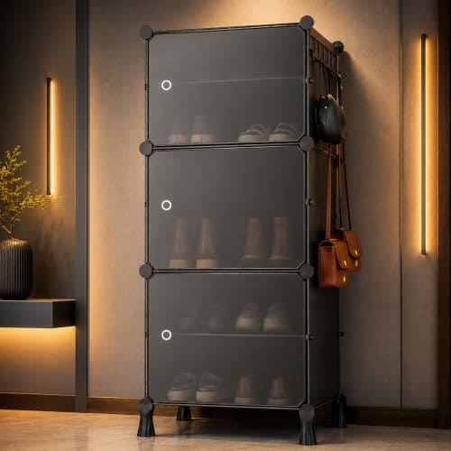 🛒 AYSIS Premium Foldable Plastic Shoe Rack for Home, 𝟑 𝐃𝐨𝐨𝐫 𝟔 𝐒𝐡𝐞𝐥𝐟, Magnets, 5 Hook Steel Holder, Shoe Organizer, Portable Space Saving Storage for Entryway, Bedroom & Living Room, Black