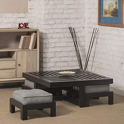 🛒 AASALIYA Art Solid Sheesham Wood Coffee Table with 4 Stool | Square Centre Table with Stool | Center Table with 4 Stools for Living Room | Patio Table with 4 Puffy for Home | Rosewood, Charcoal Black