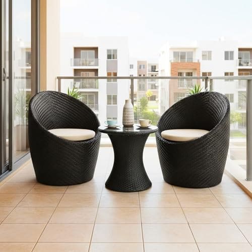 🛒 DEVOKO Liora Outdoor Conversation Backyard HDPE Wicker Furniture Set with Cushions for Small Space, Garden, Backyard, Porch, Pool (Dark Brown & Cream)