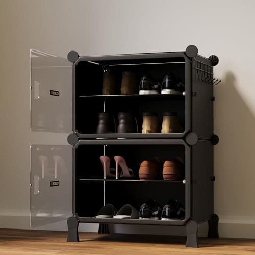 🛒 BOXJOY 4 Shelf Black Shoe Rack with 2 Transparent Doors & Steel Holder