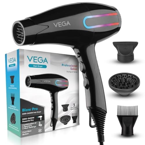 🛒 VEGA Blow Pro 2200-2400W Hair Dryer with Comb, Concentrator & Diffuser Nozzles, 2 Speed & 4 Heat Settings, with Cool Shot, Cut-off, Hair Dryer & Blow Dryer for Men & Women, 1 Year Warranty (VHDP-05)