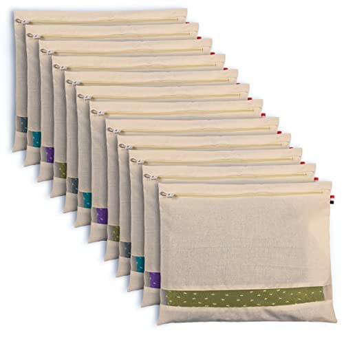 🛒 SOLSTICE Cotton Saree Bags/Covers For Storage Set Of - 12 Big Size Single (16 X 14 Inches) With Zip Closure For Clothes Bags And Wardrobe Organizer With Transparent Mesh Window, Beige