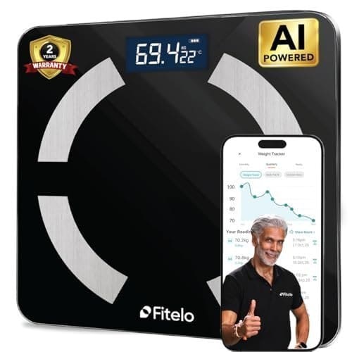 🛒 Fitelo Smart BMI Weight Scale | Track 25+ Body Parameters, Body Fat & Muscle Mass | 100+ User Profiles | 2 Yr Warranty | Large Foot Area | Free App Sync & Health Report Card | For Home & Gym Fitness