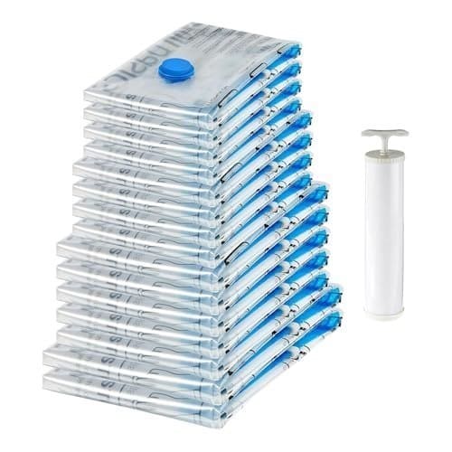 🛒 amazon basics Vacuum Compression Storage Bags with Hand Pump - 15-Pack (2 X-Jumbo, 5 Jumbo, 4 Large, 4 Medium)