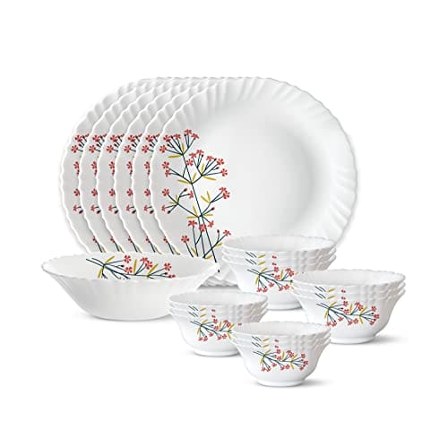 🛒 Larah by Borosil Silk Series Opalware Dinner Set | 19 Pieces for Family of 6 | Microwave & Dishwasher Safe | Bone-Ash Free | Crockery Set for Dining & Gifting | Plates & Bowls (Red Bud)