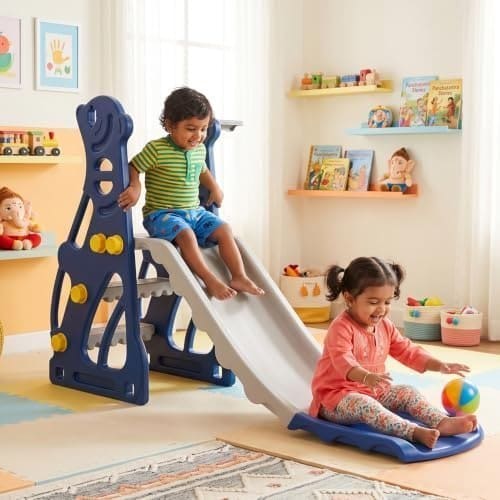 🛒 Amazon Brand - Solimo Penguin Slide for Kids 2–5 Years | Indoor & Outdoor | Basketball Hoop & Ball | Anti-Slip Steps | Wide Platform | Max Load 20kg | Blue & White