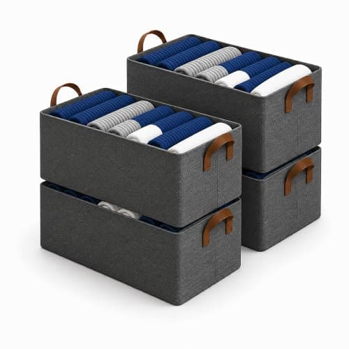 🛒 DALUCI 4 Pcs Wardrobe Organizer for Clothes - Foldable Fabric Storage Box with Metal Frame | Storage Basket for Almirah, Cupboard, Jeans & Sweaters (Grey)