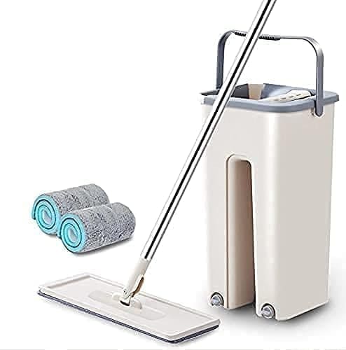 🛒 Mop Heavy Quality Floor Mop with Bucket, Flexible Kitchen tap Flat Squeeze Cleaning Supplies 360 Flexible Head/2 Reusable Pads Clean Home Floor Cleaners