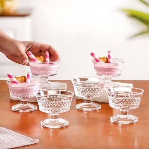 🛒 Nestasia Transparent Glass Bowl Set of 6 for Ice Cream (120ml Each) - Diamond Textured Dessert Bowls for Sundae, Sweets & Pudding | Food Safe & Heat Resistant - Perfect for Gifting