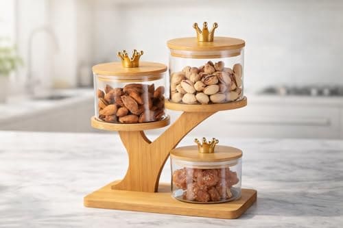 🛒 Red-Rubby Royal Serveware Glass Bowl Set with Airtight Lid & Wooden Holder Stand Tray | Set of 3 Bowls | Snack Serving Bowls for Home, Kitchen, Dining Table (500 ml)