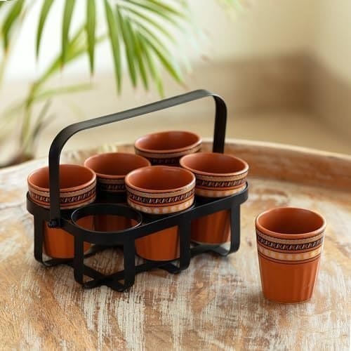 🛒 ExclusiveLane 'Geometric' Ceramic Kullad Cups Set of 6 (Microwave Safe, 120 ml Each)|Ceramic Tea Cups Set of 6 Chai Kulhad Chai Cups Cutting Tea Glasses with Stand Kuhlad Cup Set
