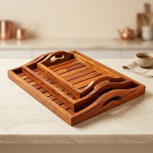 🛒 CARTADEN Wooden Serving Trays Large Medium and Small Nesting Multipurpose Trays for Breakfast Coffee Table Butter & More (Upper Round Handle Tray Set of 3)