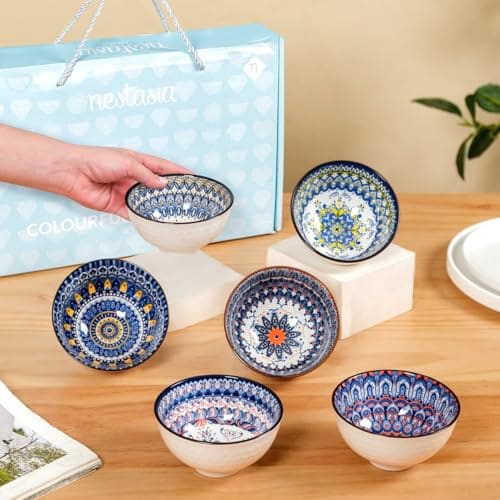 🛒 Nestasia Ceramic Mandala Snack Bowls Set of 6 (300 ml Each) - Multicolour Microwave Safe Side Bowls for Serving Noodles, Ramen, Soups or Curries - Ideal for Gifting