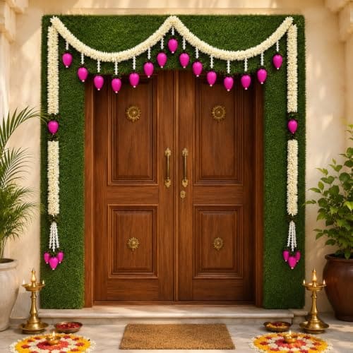 🛒 iHandikart Handmade Gajra Lotus Bud Toran for Entrance 48 x 48 Inch | Artificial Flower Bandarwal | Decorative Garland for Home Decor, Pooja Room, Diwali, Wedding, Housewarming & Festive Decoration