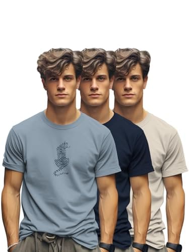 🛒 BULLMER Trendy Printed Cotton Blend Regular Fit Crew Neck/Round Neck Half Sleeve Tshirt for Men - Pack of 3_Bluish Grey/Navy Blue / Beige_Medium