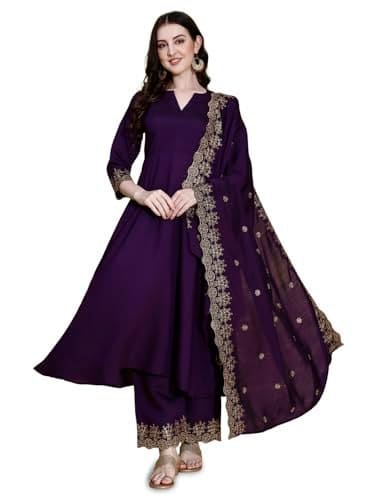 🛒 Granthva Fab Kurta Set for Women Silk Embroidered Anarkali Kurta Set for Women with Palazzos and Dupatta (GF-6151-S_Purple)