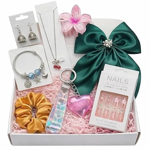 🛒 Zevarna 8-Piece Women’s Fashion Jewelry hamper & Hair Accessories Gift Set | Pendant Chain, Charm Bracelet, Oxidised Jhumki Earrings | Satin Hair Bow, Scrunchie & Big Flower Claw Clip | Random Colors & Designs, Raksha Bandhan - Rakhi Gift (ZEV_GIFT_HAMPER)