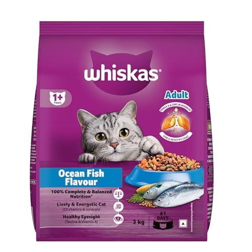 🛒 Whiskas Adult (1+ Years) Dry Cat Food, Ocean Fish Flavour, 3 kg, Contains 41 Essential Nutrients, Complete & Balanced Nutrition for Adult Cats