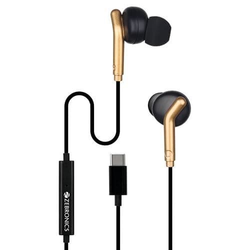🛒 Zebronics Type-C Wired Earphones, in-Line MIC, Deep Bass, 1.2m Cable, 10mm Neodymium Driver, Light Weight, in-Ear Design, Compatible with Mobile, Tablet, Laptop (Bro C, Black + Gold)