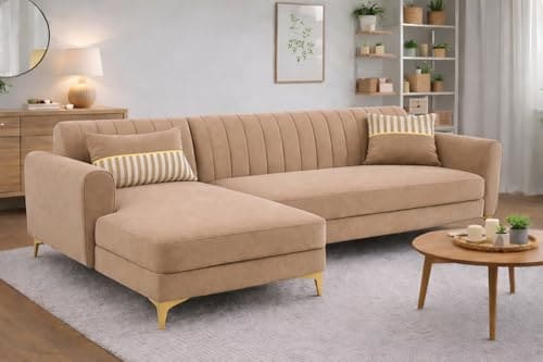 🛒 Adorn India Premium Luster 6 Seater L Shape Sofa Set | Velvet Suede Fabric | 3-Year Warranty | LHS |Color Beige with Golden Legs & Striped Pattern Cushion
