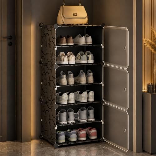 🛒 AYSIS Premium Foldable Plastic Shoe Rack for Home, 𝟑 𝐃𝐨𝐨𝐫 𝟔 𝐒𝐡𝐞𝐥𝐟 Shoe Cabinet, Dustproof & Waterproof Organizer, Portable Space Saving Storage for Entryway, Bedroom & Living Room, Black
