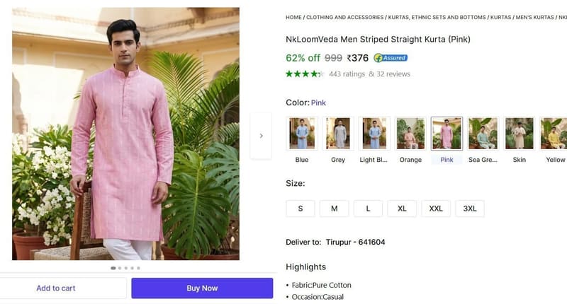 🔥  Men's Striped Straight Kurta (Pink) @ ₹376