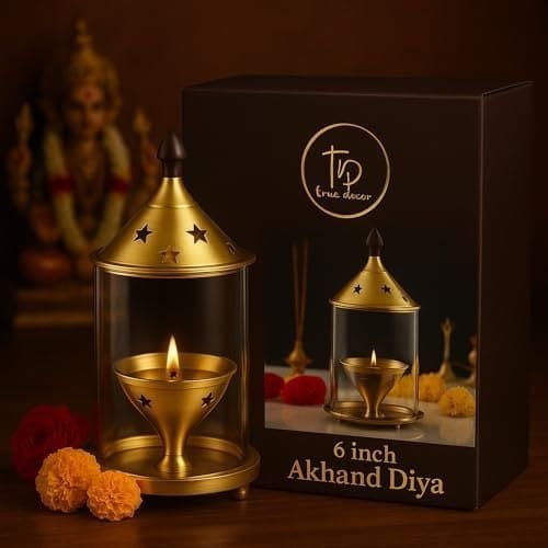 🛒 True Decor 6 Inch Akhand Diya for Puja Akhand Jyoti Deepam Akhand Brass Diya with Cover