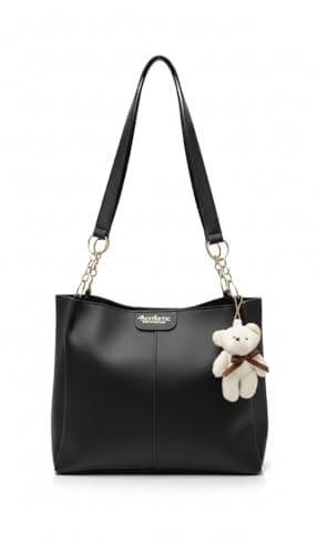 🛒 AESTHETIC Women’s Shoulder Handbag | Elegant PU Leather Tote with Chain Strap & Teddy Charm | Stylish Daily Use Purse for Office, College & Casual Outings-T-04