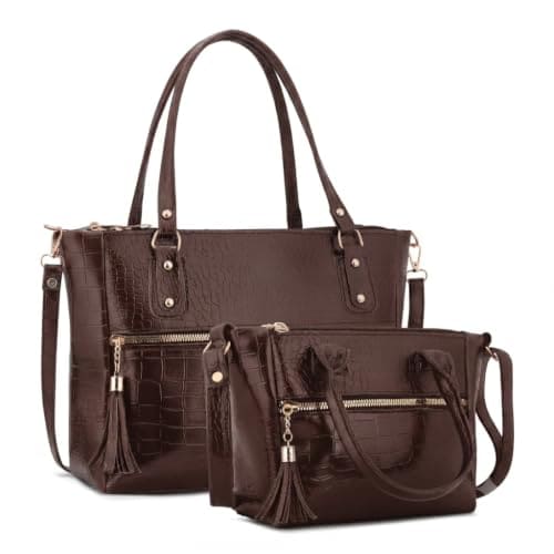 🛒 AVÉRAA Women Handbag Combo Set (Medium + Mini) Croco Texture Faux Leather (Dark Brown)